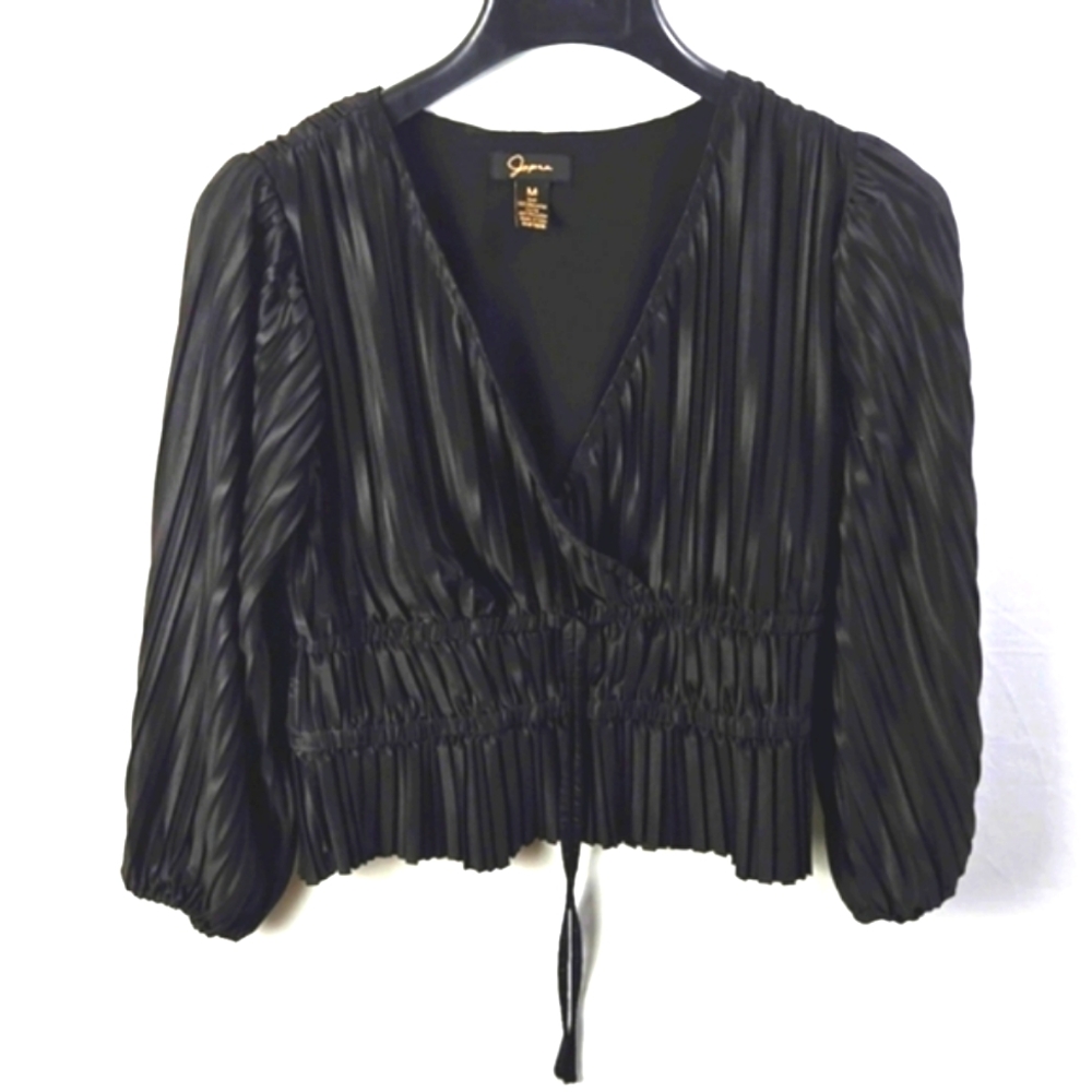 Japna Womens V Neck Pleated Long Sleeve Black Top V Sz M